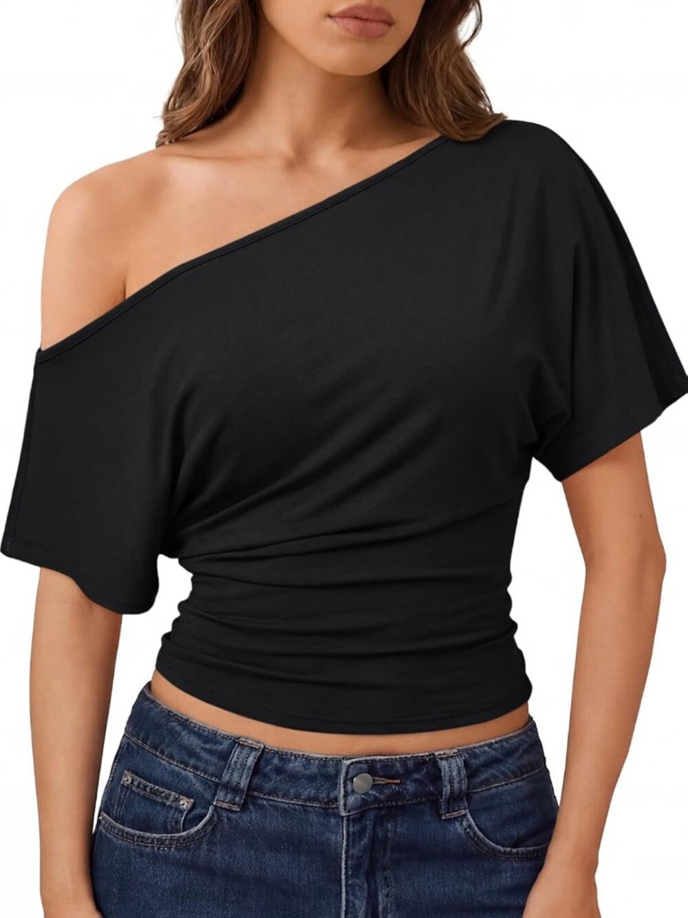 〽️ Women's Black Off Shoulder Y2k Shirt Wrap Cinched Waist Casual Crop Top